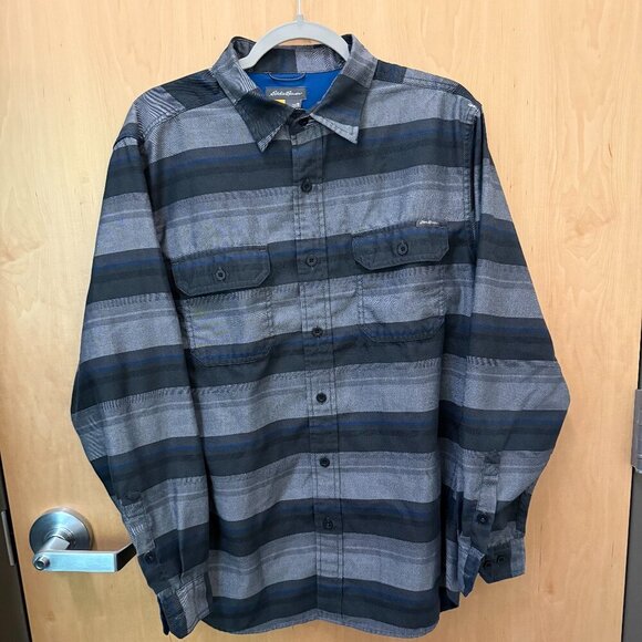 Eddie Bauer Striped Button-Up Shirt Black Gray Blue Size Medium - Picture 1 of 5